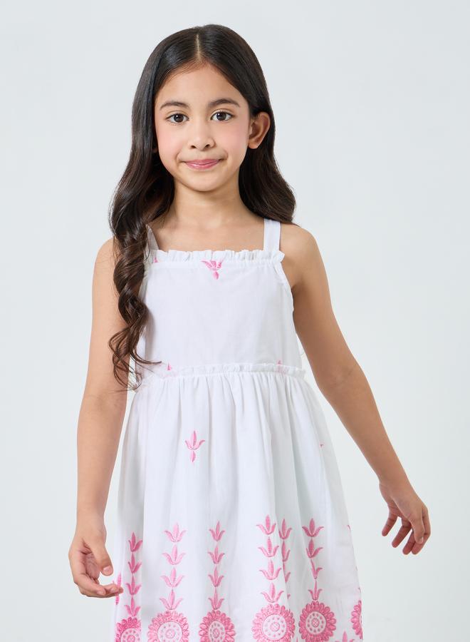 Styli Girls White Embroidered Hem Strappy A-Line Dress - Image 1